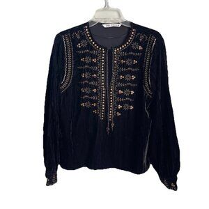 ZARA Black Crushed Velvet Embroidered Embellished Sequin and Beaded Blouse Top